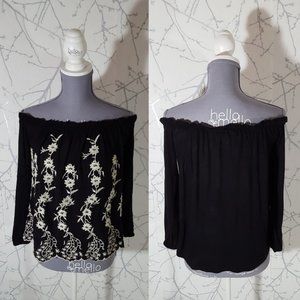 Lucky Brand Black Floral Embroidered Off The Shoulder Blouse